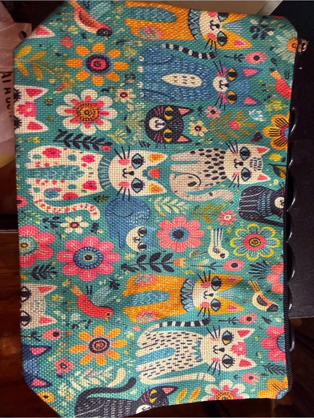 9x6 large Colorful Cat Print Cosmetic or Accessories Pouch - Teal